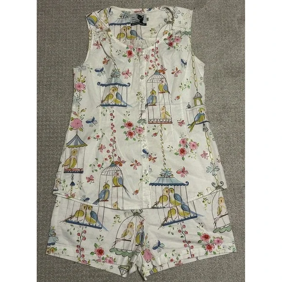 Vintage The Cat's Pajamas Short Set Button Front Birds Short Sleeve Rare - Picture 3 of 16